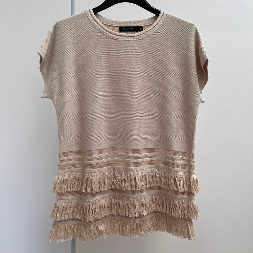 Lauren Ralph Lauren linen blend fringe short sleeve knit top S boho bohemian